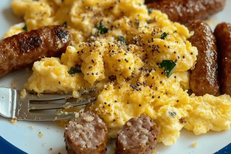 Scrambled eggs with beef sausage and everything seasoning on a plate, garnished with herbs.