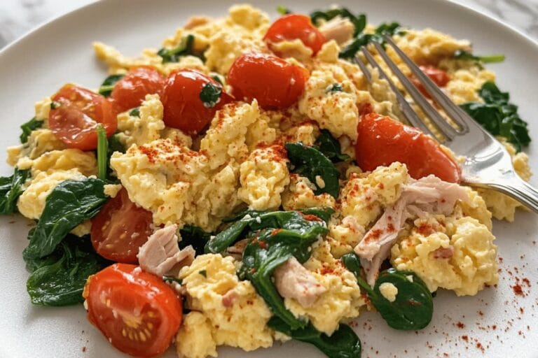 A plate of scrambled eggs with spinach, cherry tomatoes, and turkey, garnished with seasoning.