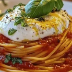 A plate of Spaghetti with Burrata topped with tomato basil sauce, drizzled with olive oil, and garnished with fresh basil.
