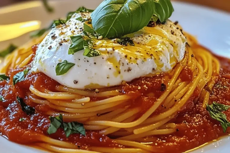 A plate of Spaghetti with Burrata topped with tomato basil sauce, drizzled with olive oil, and garnished with fresh basil.