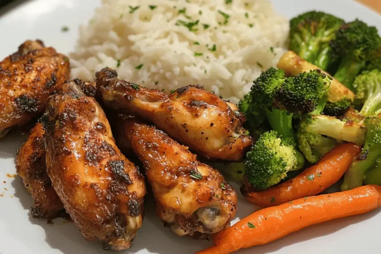 A plate of spiced chicken wings with roasted broccoli, carrots, and a side of white rice.