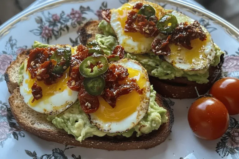 Spicy avocado toast topped with fried eggs, jalapeño slices, and chili oil, served with cherry tomatoes on a floral plate