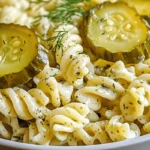 A bowl of Dill Pickle Pasta Salad with rotini pasta, creamy dressing, sliced pickles, and fresh dill garnish.