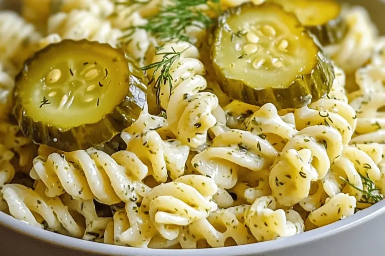 A bowl of Dill Pickle Pasta Salad with rotini pasta, creamy dressing, sliced pickles, and fresh dill garnish.