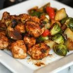 A plate of Spicy Garlic Butter Chicken with roasted Brussels sprouts and seasoned potatoes, served with sautéed bell peppers.