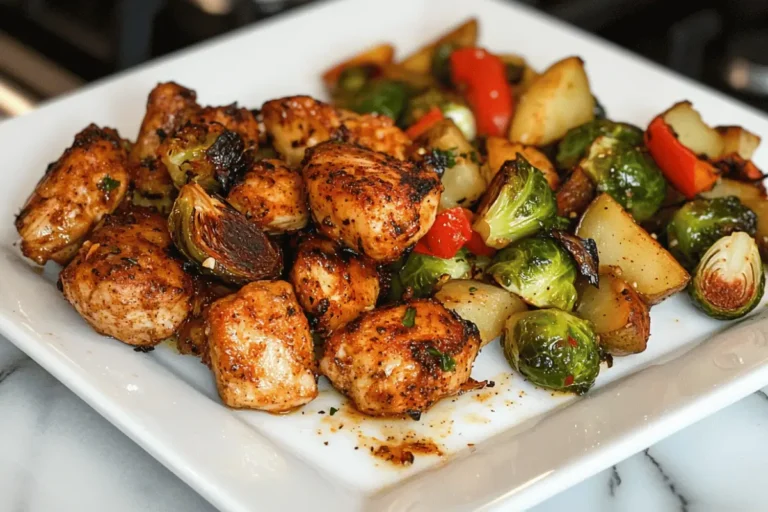 A plate of Spicy Garlic Butter Chicken with roasted Brussels sprouts and seasoned potatoes, served with sautéed bell peppers.