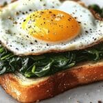 Spinach & egg toast with a fried egg on top, placed on multigrain bread with sautéed spinach.