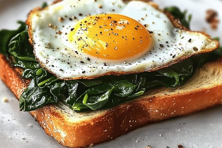 Spinach & egg toast with a fried egg on top, placed on multigrain bread with sautéed spinach.