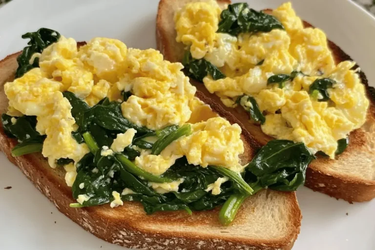 Toasted bread topped with fluffy scrambled eggs and sautéed spinach, served on a white plate.