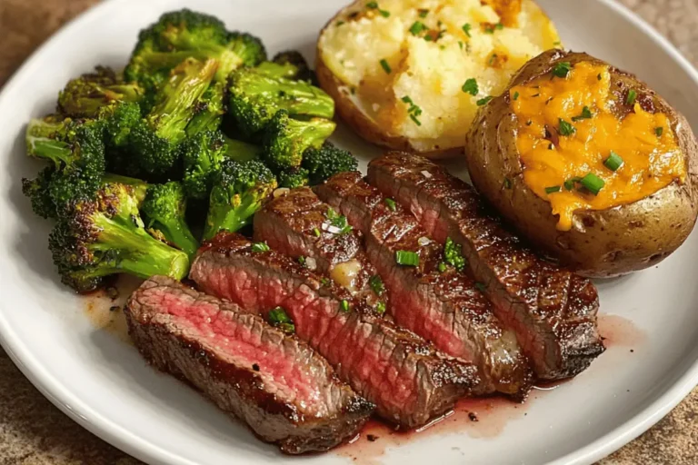 A juicy steak served with a cheesy baked potato, topped with melted cheese and fresh herbs, on a white plate.