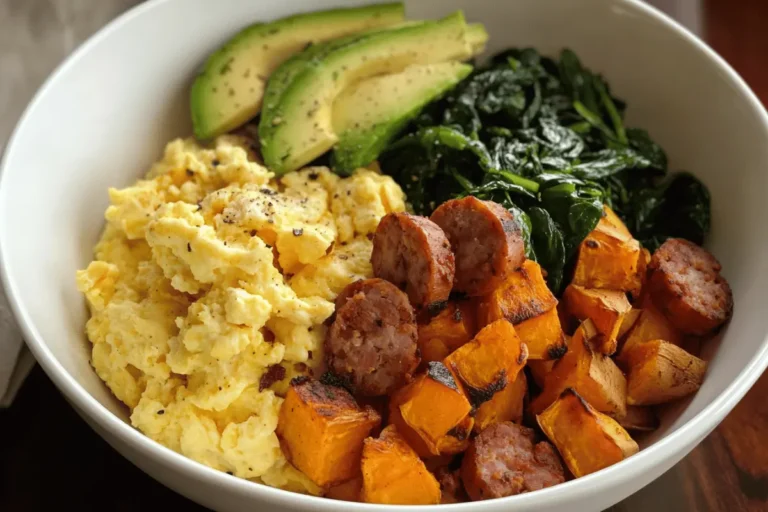 A hearty breakfast bowl featuring roasted sweet potatoes, seared sausage slices, scrambled eggs, sautéed greens, and fresh avocado, served in a white bowl.