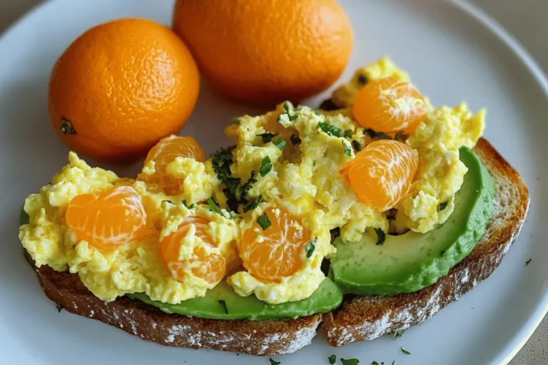 Toasted avocado with scrambled eggs and mandarin slices on a white plate.