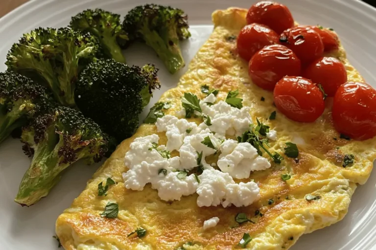Veggie omelette served with roasted broccoli, cherry tomatoes, and a dollop of cottage cheese on a white plate.