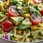 A vibrant avocado pasta salad with bowtie pasta, cherry tomatoes, corn, red onion, and fresh herbs in a creamy avocado dressing.