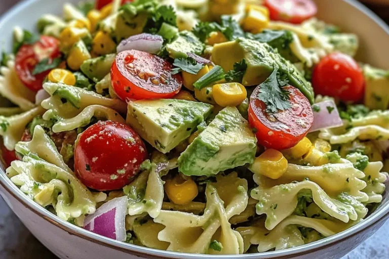 A vibrant avocado pasta salad with bowtie pasta, cherry tomatoes, corn, red onion, and fresh herbs in a creamy avocado dressing.