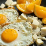 A black plate with two sunny-side-up eggs, fresh orange slices, and cheese cubes, lightly seasoned with black pepper and sea salt.