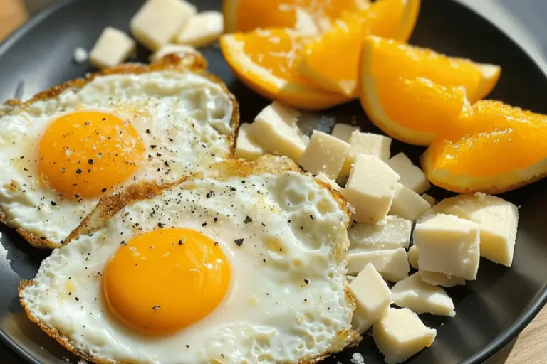 A black plate with two sunny-side-up eggs, fresh orange slices, and cheese cubes, lightly seasoned with black pepper and sea salt.