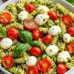 A bowl of Caprese pasta salad with pesto, cherry tomatoes, mozzarella balls, and fresh basil.