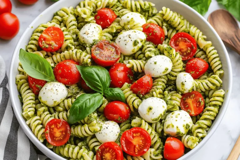 A bowl of Caprese pasta salad with pesto, cherry tomatoes, mozzarella balls, and fresh basil.