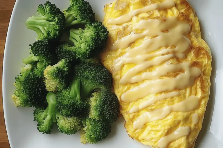A fluffy cheesy omelette drizzled with creamy sauce, served with steamed broccoli on a white plate.