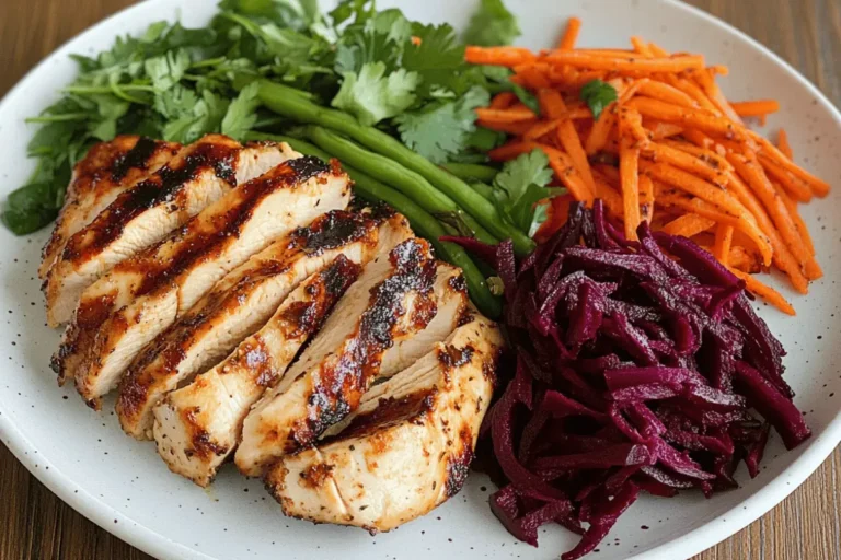 grilled chicken slices served with fresh veggie slaw, featuring beets, carrots, and green beans on a white plate.