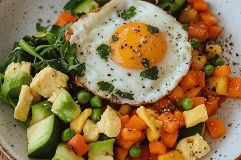 A vibrant veggie bowl topped with a fried egg, diced avocado, peas, carrots, spinach, and zucchini, seasoned with fresh herbs and black pepper.