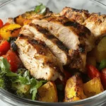 A glass bowl filled with juicy grilled chicken, roasted zucchini, bell peppers, and broccoli for a healthy and flavorful meal.