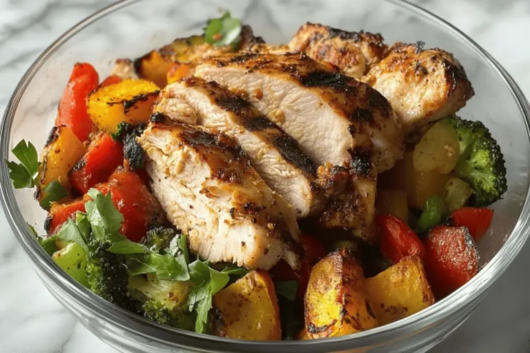 A glass bowl filled with juicy grilled chicken, roasted zucchini, bell peppers, and broccoli for a healthy and flavorful meal.