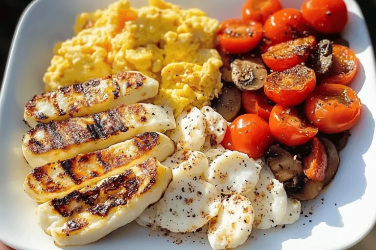 A plate of grilled halloumi, scrambled eggs, sautéed mushrooms, and cherry tomatoes with herbs.