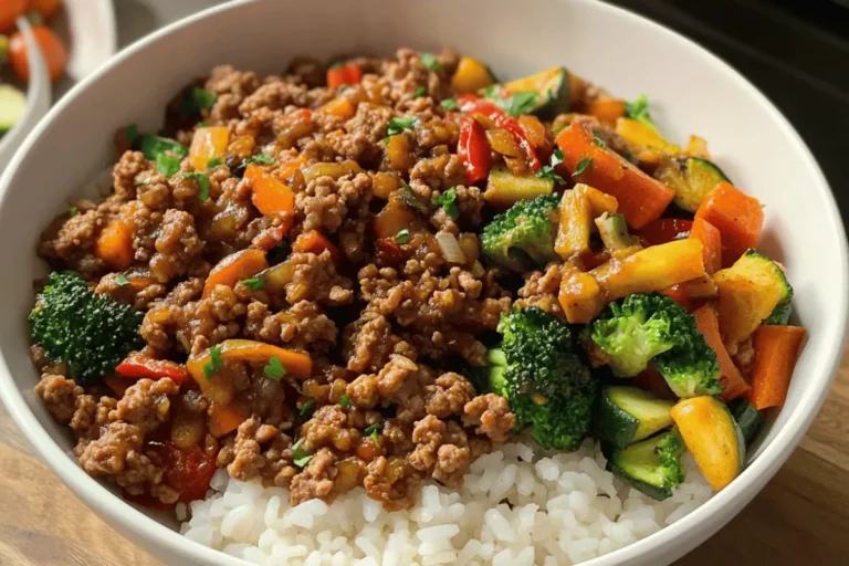 A close-up of a savory ground turkey rice bowl with sautéed mushrooms, roasted zucchini, bell peppers, broccoli, and white rice in a white bowl.