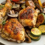 A plate of herb-roasted chicken with sautéed zucchini, mushrooms, bell peppers, and cherry tomatoes, cooked to golden perfection.