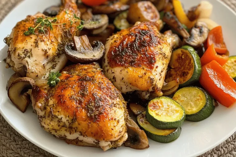 A plate of herb-roasted chicken with sautéed zucchini, mushrooms, bell peppers, and cherry tomatoes, cooked to golden perfection.