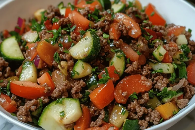 A bowl of Mediterranean-style ground beef stir fry with colorful vegetables and fresh herbs.