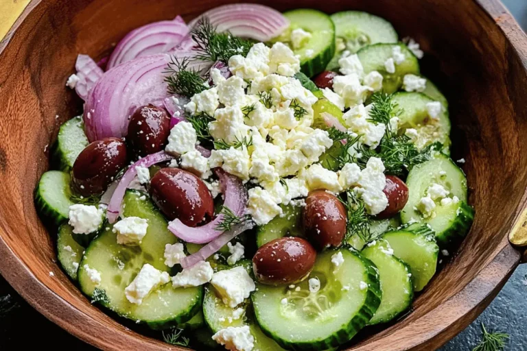 A Mediterranean cucumber salad with feta, olives, red onion, avocado, and fresh dill in a wooden bowl.