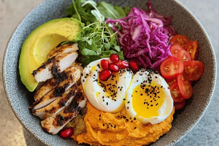 A healthy nourish bowl with poached eggs, spiced chicken, avocado, roasted veggies, and hummus.