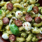 A bowl of pesto pasta with sausage, mozzarella, and fresh basil, topped with parmesan cheese.