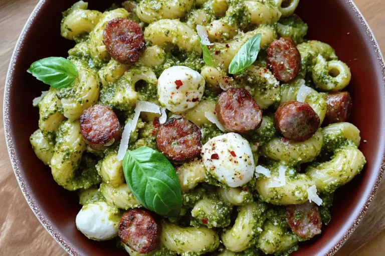 A bowl of pesto pasta with sausage, mozzarella, and fresh basil, topped with parmesan cheese.