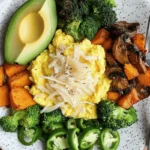 Scrambled eggs served with sautéed mushrooms, roasted sweet potatoes, fresh avocado slices, steamed broccoli, and sliced jalapeños on a white plate.