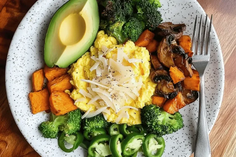 Scrambled eggs served with sautéed mushrooms, roasted sweet potatoes, fresh avocado slices, steamed broccoli, and sliced jalapeños on a white plate.