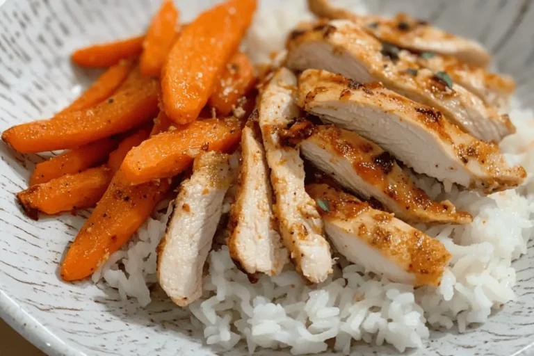 A bowl of spicy grilled chicken over white rice, topped with roasted carrots, fresh herbs, and a creamy sauce.