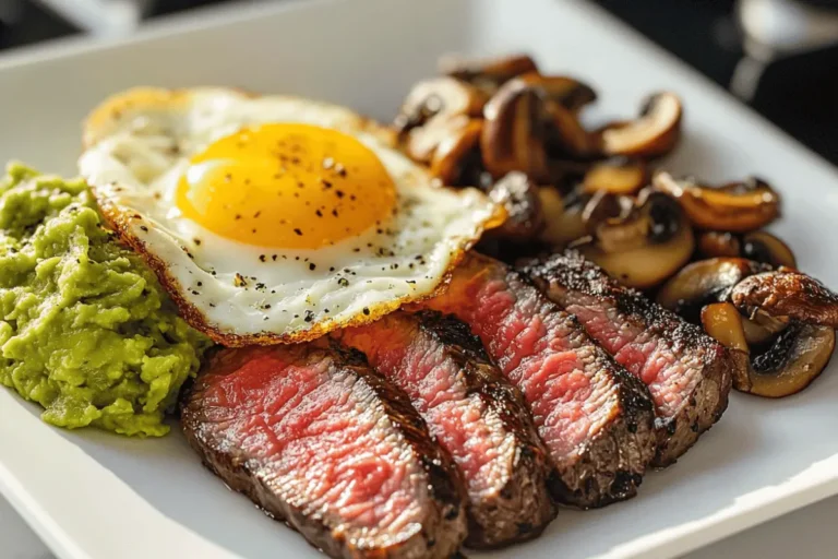 A plated meal with juicy sliced steak, a sunny-side-up egg, sautéed mushrooms, and creamy guacamole on a white plate.