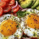 A plate with sunny-side-up eggs, fresh avocado slices, and a tomato salad with red onions, seasoned with black pepper and chili flakes.