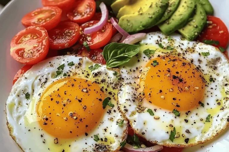 A plate with sunny-side-up eggs, fresh avocado slices, and a tomato salad with red onions, seasoned with black pepper and chili flakes.