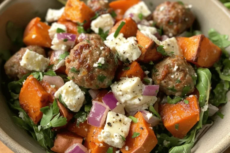 A vibrant salad with roasted sweet potatoes, meatballs, feta cheese, arugula, and red onions, garnished with fresh herbs.