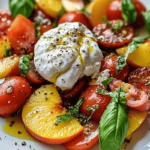 A fresh tomato, peach, and burrata salad garnished with basil and drizzled with olive oil.