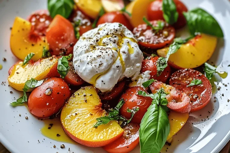 A fresh tomato, peach, and burrata salad garnished with basil and drizzled with olive oil.