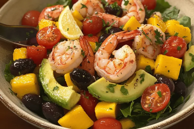 A vibrant tropical shrimp salad with avocado, mango, cherry tomatoes, olives, and lemon wedges.