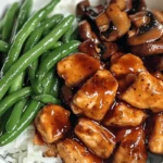 Sticky honey garlic chicken bowl with white rice, green beans, and sautéed mushrooms