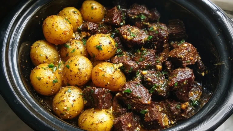 Slow Cooker Garlic Butter Beef Bites & Potatoes