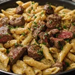 One-Skillet Spicy Garlic Butter Parmesan Steak Pasta